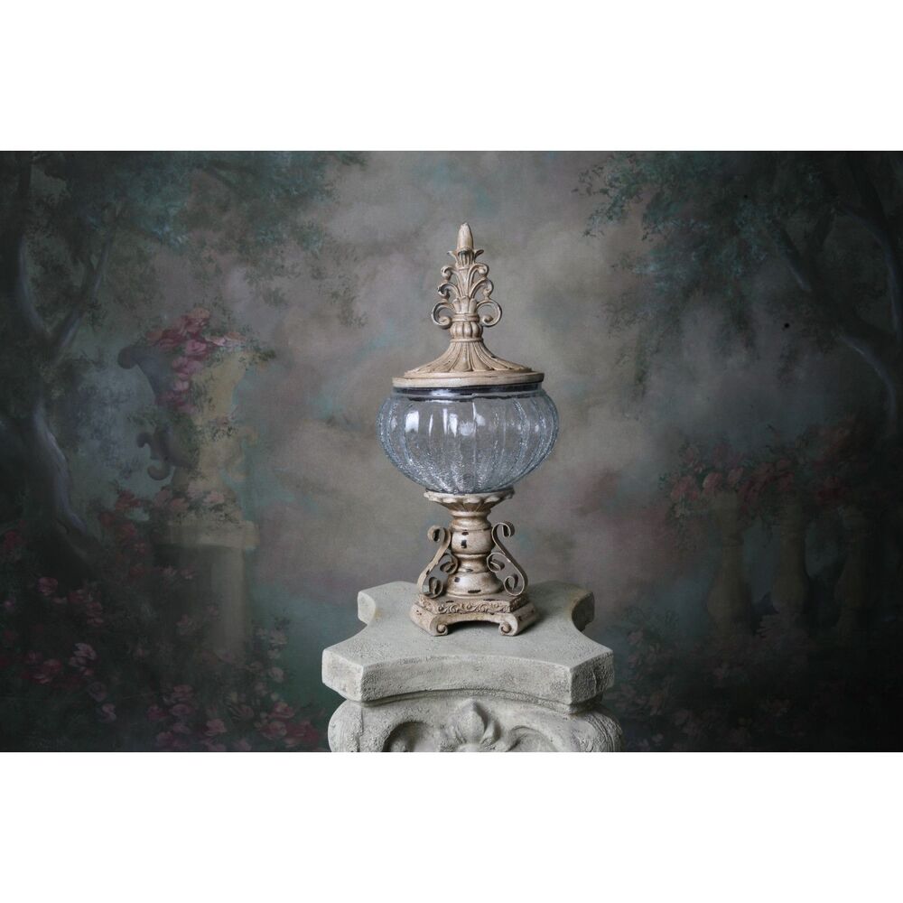 Decorative Crackle Glass Jar With Fleur-de-lis Lid Metal Work Aged - Picture 7 of 9